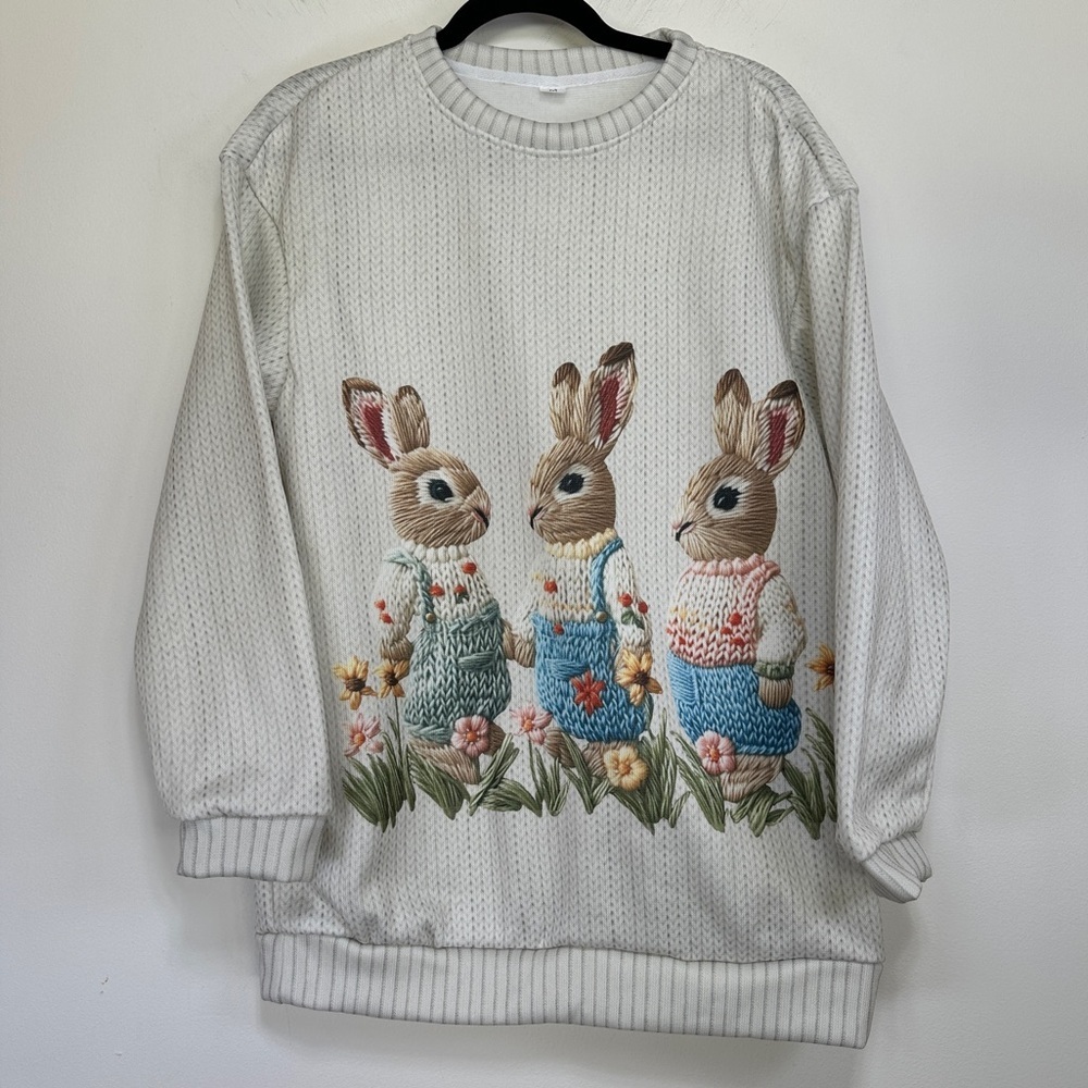Vintage Style Easter Bunny Print Crewneck Sweatshirt White M